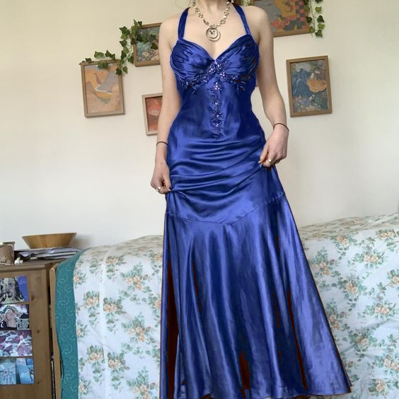 Neckholder A-Linie Satin Langes Ballkleid Vintage Formales Partykleid fg5843