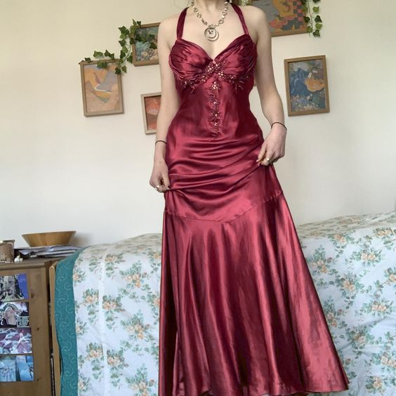 Neckholder A-Linie Satin Langes Ballkleid Vintage Formales Partykleid fg5843