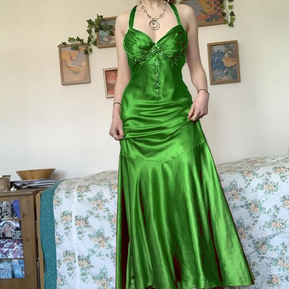Neckholder A-Linie Satin Langes Ballkleid Vintage Formales Partykleid fg5843