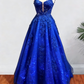 Robe de bal trapèze longue en tulle à bretelles spaghetti et appliqués de perles et paillettes (fg6754)