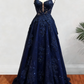 Robe de bal trapèze longue en tulle à bretelles spaghetti et appliqués de perles et paillettes (fg6754)