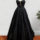 Robe de bal trapèze longue en tulle à bretelles spaghetti et appliqués de perles et paillettes (fg6754)