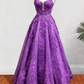 Robe de bal trapèze longue en tulle à bretelles spaghetti et appliqués de perles et paillettes (fg6754)