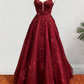 Robe de bal trapèze longue en tulle à bretelles spaghetti et appliqués de perles et paillettes (fg6754)