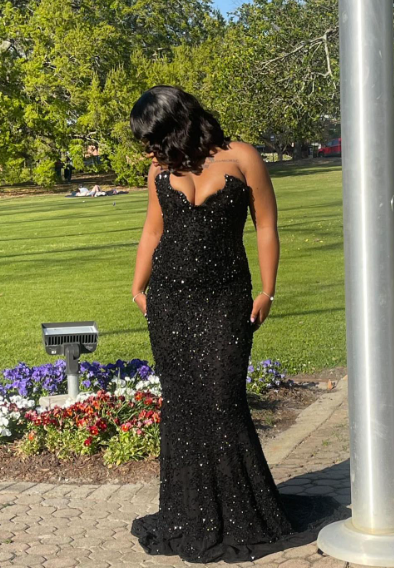 Schwarzes trägerloses Meerjungfrau-Abendkleid, lang, fg6763