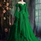 Robe de soirée violette à manches longues et appliques florales, coupe trapèze, fg7191