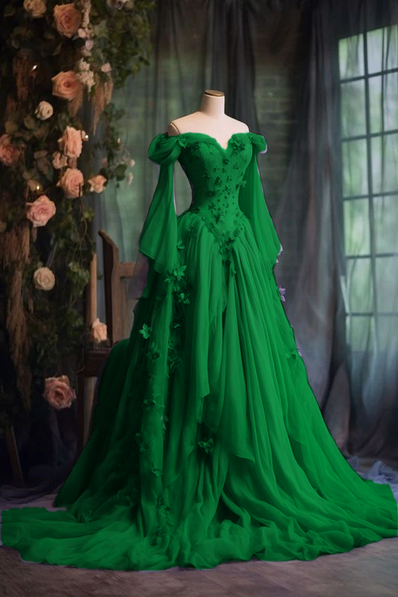 Robe de soirée violette à manches longues et appliques florales, coupe trapèze, fg7191