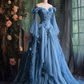 Robe de soirée violette à manches longues et appliques florales, coupe trapèze, fg7191