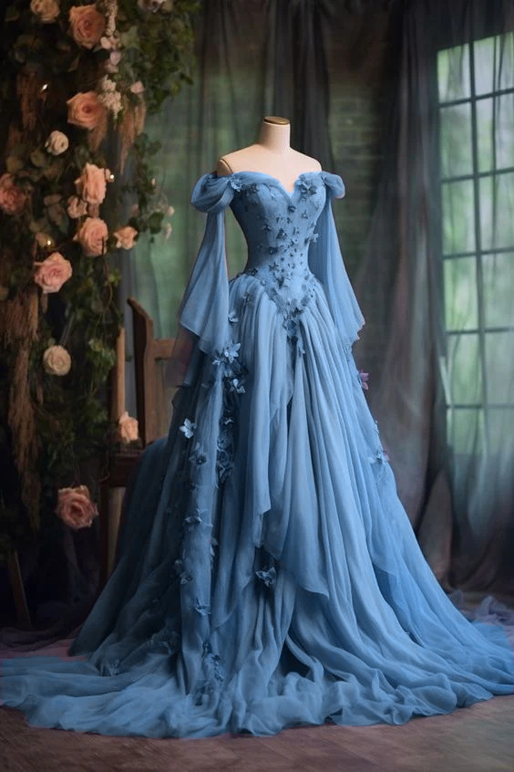 Robe de soirée violette à manches longues et appliques florales, coupe trapèze, fg7191