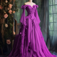 Robe de soirée violette à manches longues et appliques florales, coupe trapèze, fg7191