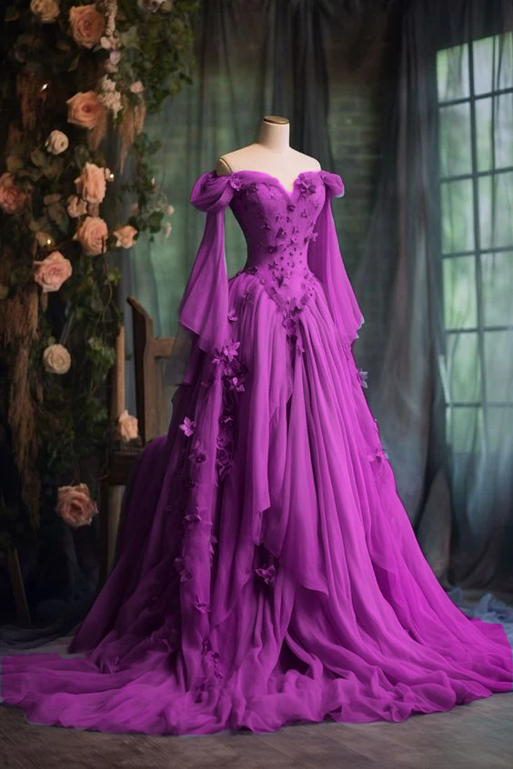 Robe de soirée violette à manches longues et appliques florales, coupe trapèze, fg7191