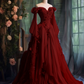 Robe de soirée violette à manches longues et appliques florales, coupe trapèze, fg7191