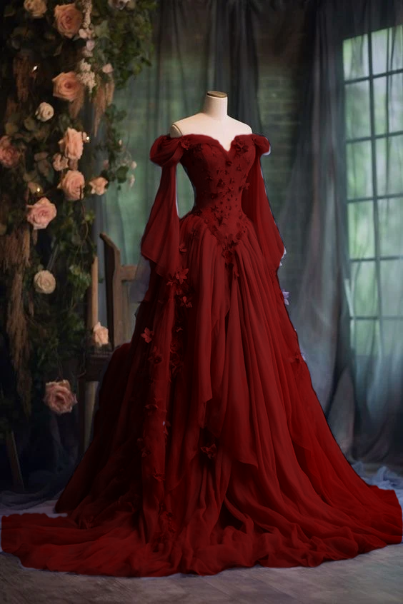 Robe de soirée violette à manches longues et appliques florales, coupe trapèze, fg7191