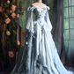 Robe de soirée violette à manches longues et appliques florales, coupe trapèze, fg7191