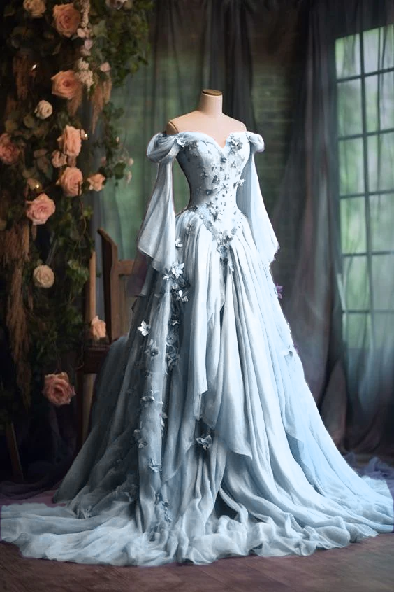 Robe de soirée violette à manches longues et appliques florales, coupe trapèze, fg7191