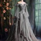 Robe de soirée violette à manches longues et appliques florales, coupe trapèze, fg7191