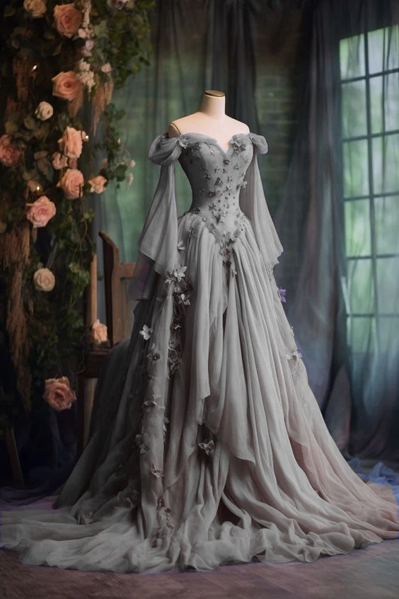Robe de soirée violette à manches longues et appliques florales, coupe trapèze, fg7191