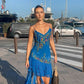 Blue Spaghetti Straps Short Prom Dress Blue Sexy Evening Dress     fg7276