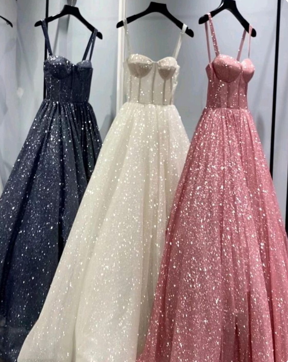 A Line Pink Spaghetti Straps Shinny Long Formal Dress Evening Party Dresses  fg7759