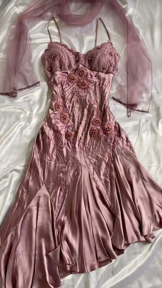 Sexy Satin Vintage Prom Dress Beaded Formal Evening Dress  fg8267