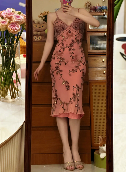 Beaded Vintage Midi Evening Dress Birthday Outfit Prom Dress  fg8279