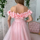 Rosa Blumen-Ballkleider, schulterfreies Abendkleid, langes Tüll-Ballkleid fg4679
