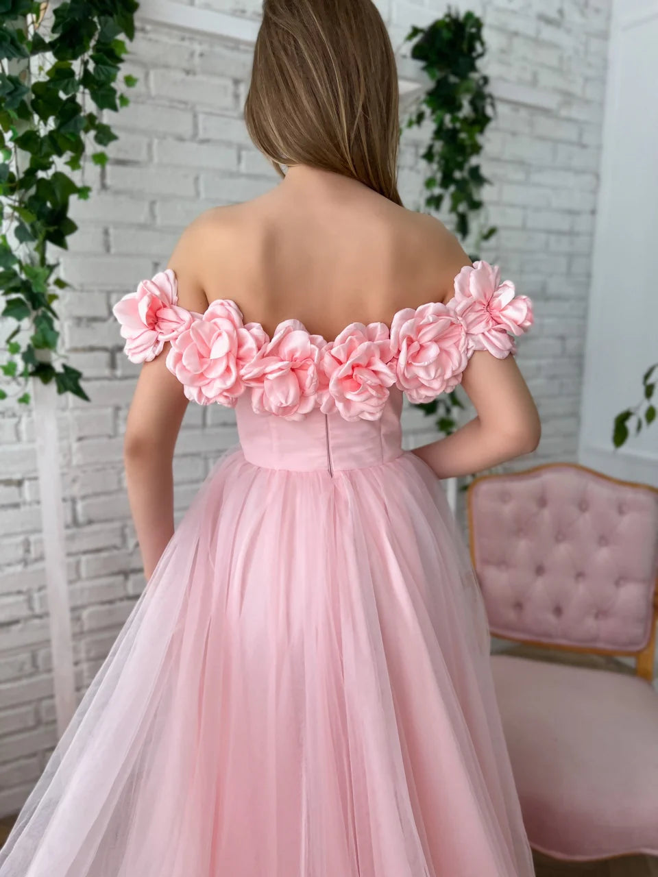 Rosa Blumen-Ballkleider, schulterfreies Abendkleid, langes Tüll-Ballkleid fg4679