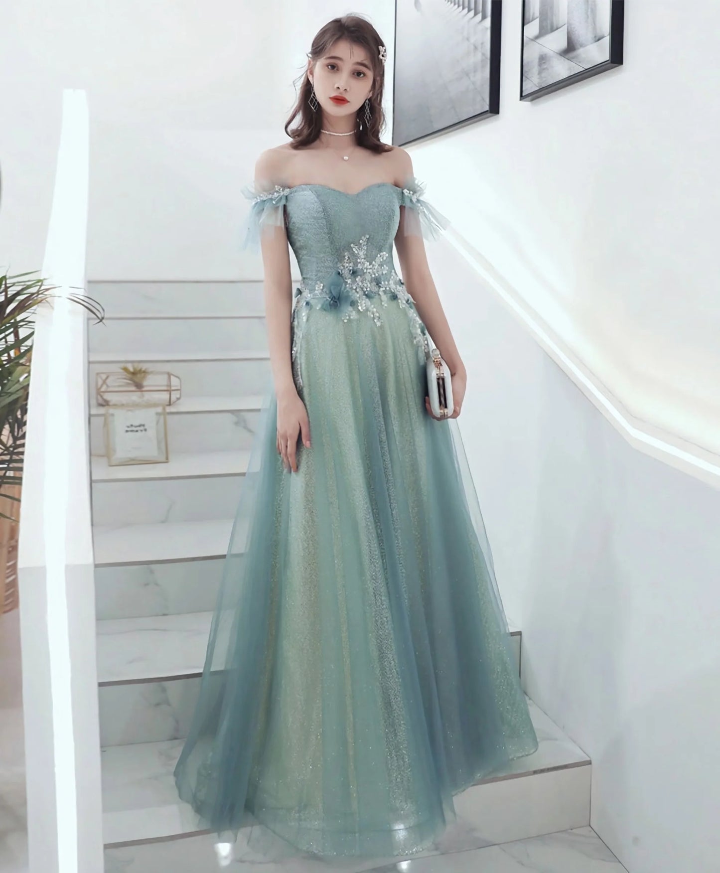 Green Tulle Lace Long Prom Dress, Green Tulle Formal Dress        fg4189
