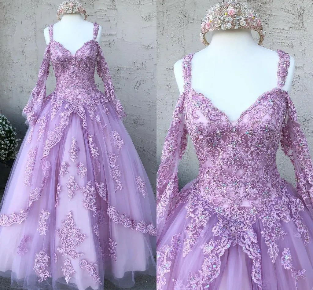 Long Sleeve Quinceanera Dress Prom Ball Gowns Lace Applique Beaded Cold Shoulder Corset Back Prom Sweet 16 Dress     fg4071
