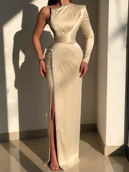 Elegant Ivory One-shoulder Long-Sleeve Sheath Prom Dresses with Sequins    fg677