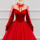 Red Velvet Tulle Floor Length Prom Dress, Beautiful Long Sleeve Evening Party Dress       fg4355