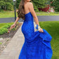 Lace Strapless Royal Blue Prom Dresses with Slit     fg3169