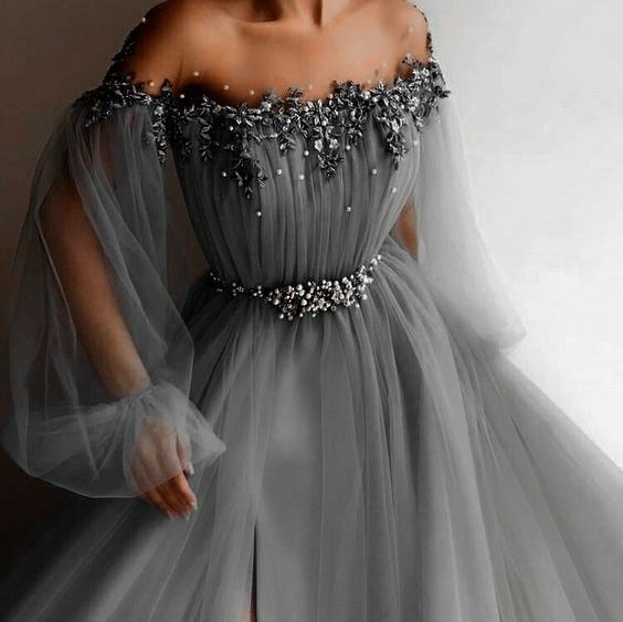 Gray Evening Dress, Off The Shoulder Prom Vintage Dress     fg2958