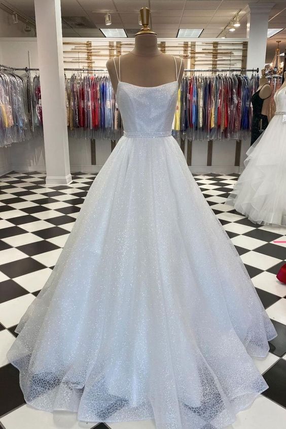 White tulle sequin long prom dress white tulle evening dress     fg2668