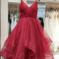 A Line Spaghetti Straps Sparkly Red Tulle Prom Dresses     fg3088