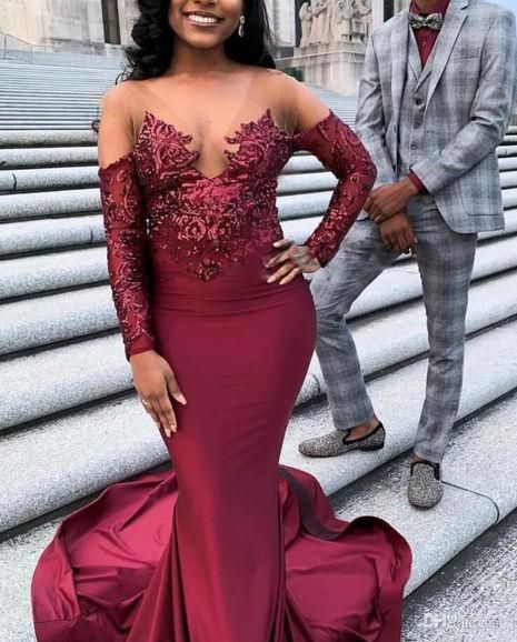 2023 Mermaid Burgundy Long Sleeves Stretchy Long With Appliques Prom Dresses       fg3135