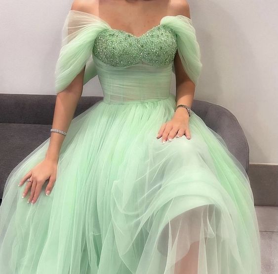Off The Shoulder Green Evening Party Dresses     fg2963