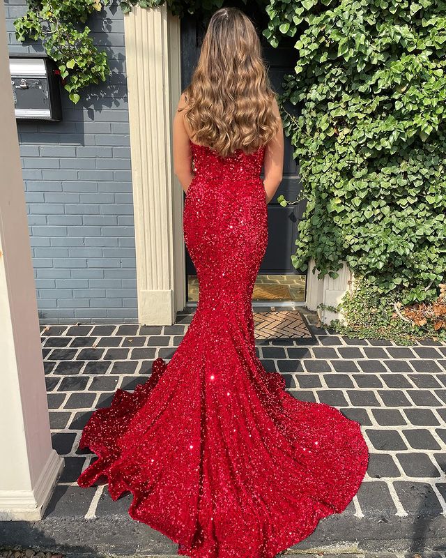 Charming Sparkly Mermaid V Neck Red Sequins Long Prom Dresses     fg2934