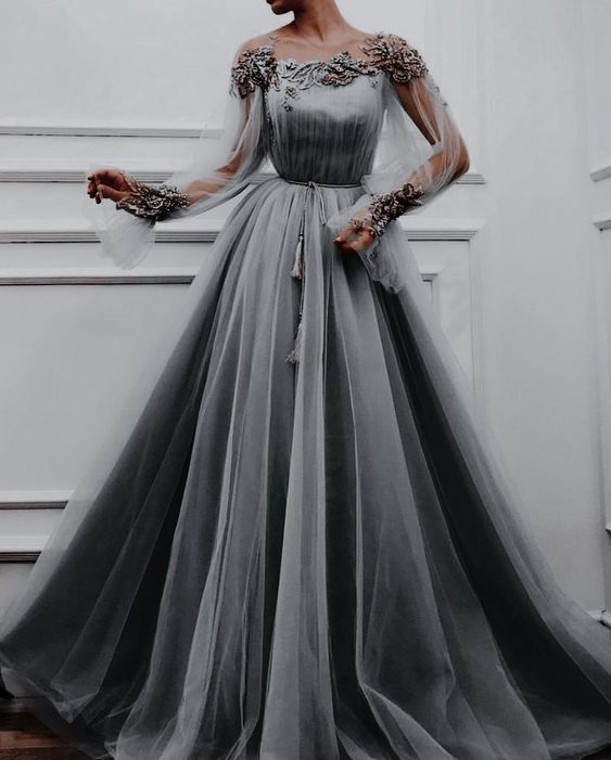 Gray Evening Dress, Long Prom Vintage Dress     fg2959