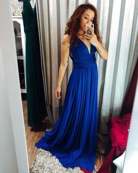 royal blue v neck long prom dresses     fg1887