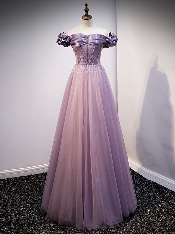 Purple Tulle Off the Shoulder Beading Sequins Prom Dress      fg1862