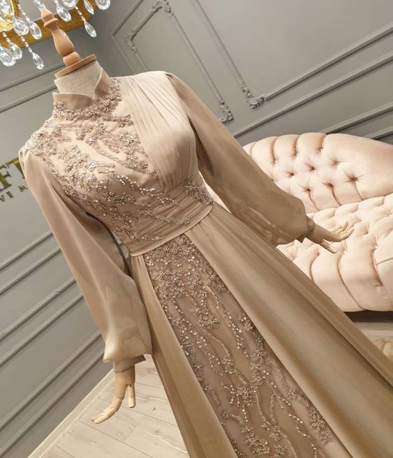 Long Tulle Appliques Full Sleeve Muslim Champagne Prom Dress High Neck Saudi Arabic A Line Evening Formal Party Gowns   fg1480