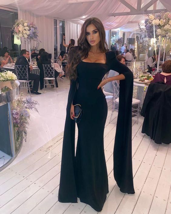 Black Simple Mermaid Floor Length Prom Dress With Long Sleeves   fg1042