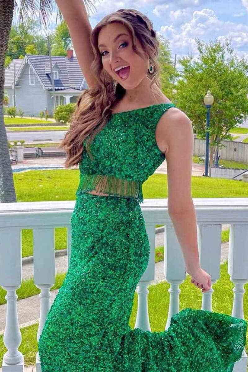 Green Two Piece Sequined One Shoulder Long Party Dress with Tassel    fg1531