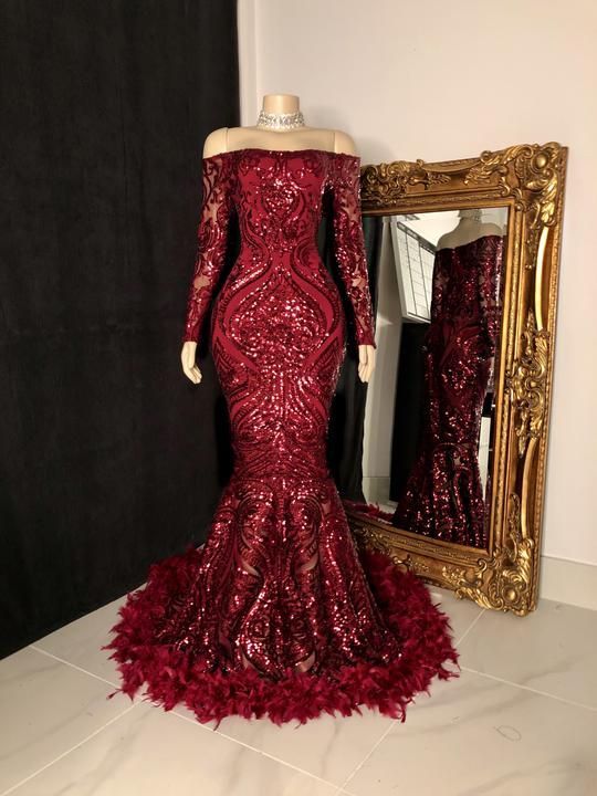 Burgundy prom dresses sparkly long sleeve off the shoulder feather mermaid prom gown      fg1622