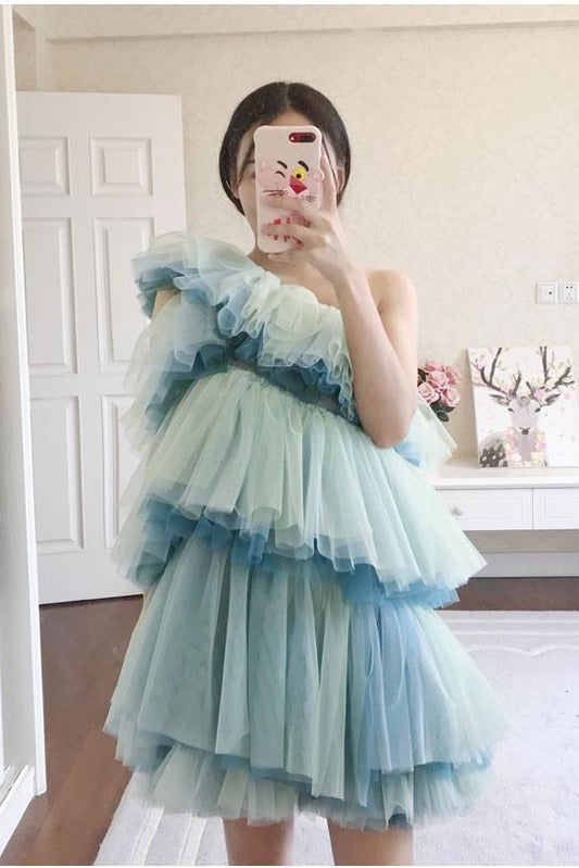 Unique One Shoulder Tulle Homecoming Dress, Short Layers Party Dress     fg2551