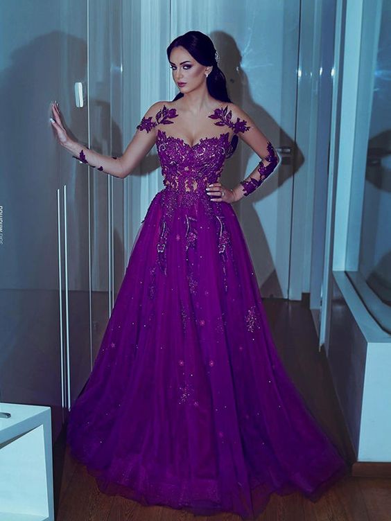 a-line long sleeves scoop sweep/brush train with applique purple dresses       fg1685