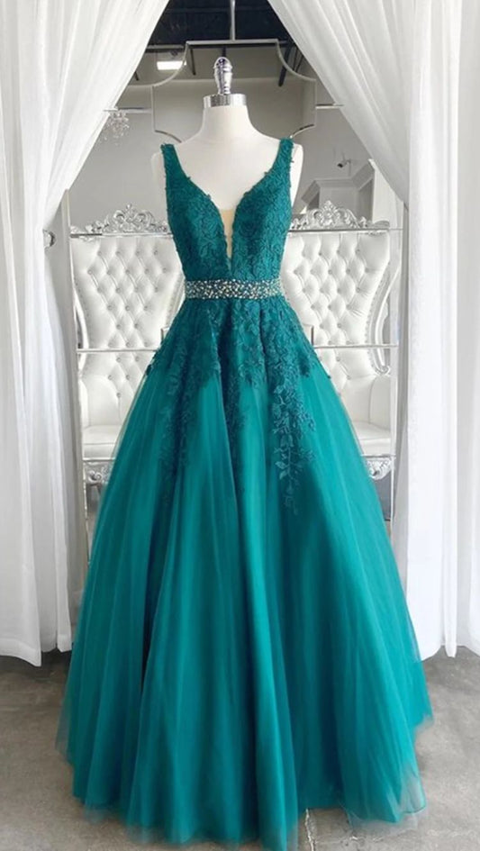 V Neck Dark Green Lace Prom Dresses, Dark Green Lace Formal Evening Dresses    fg1729