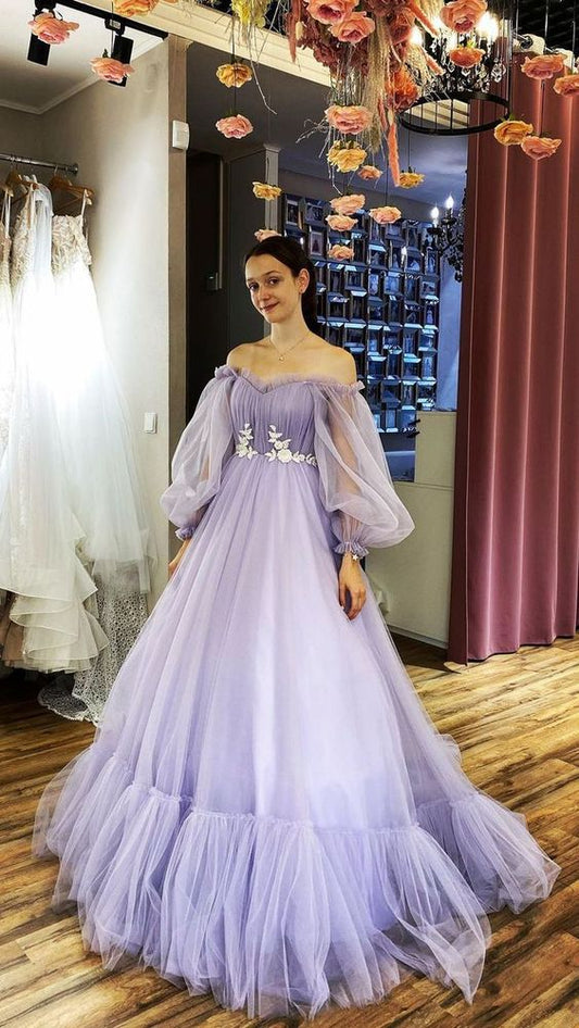 Amazing Off-the-shoulder Long Sleeves Beaded Appliqued Slit Tulle Prom Dresses    fg1302