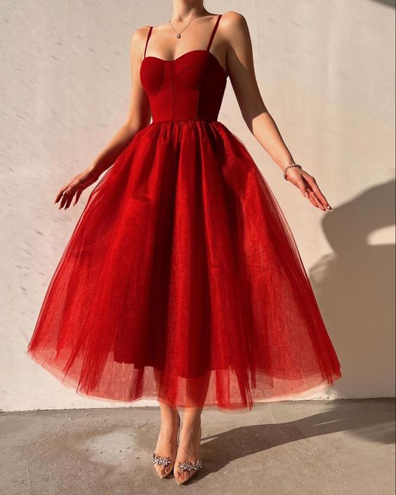 Red A Line Elegant Tulle Prom Dress Ankle Length Formal Evening Dress      fg1982